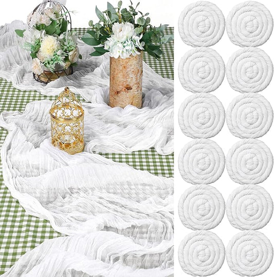 Foaincore 12 Pack White Cheesecloth Table Runner 13FT Boho Gauze Table Runner 157'' Long Rustic Wedding Tablerunner for Bridal Shower Baby Shower Arch Decor Party Tablecloth