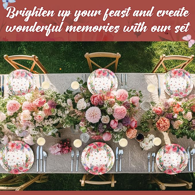 Funnymoom 250 Pcs Floral Party Decoration Wildflower Paper Plates Cups and Napkins Spring Tea Theme Flower Butterfly Tableware Set for Garden Baby Bridal Shower Wedding Party Supplies, Serves 50