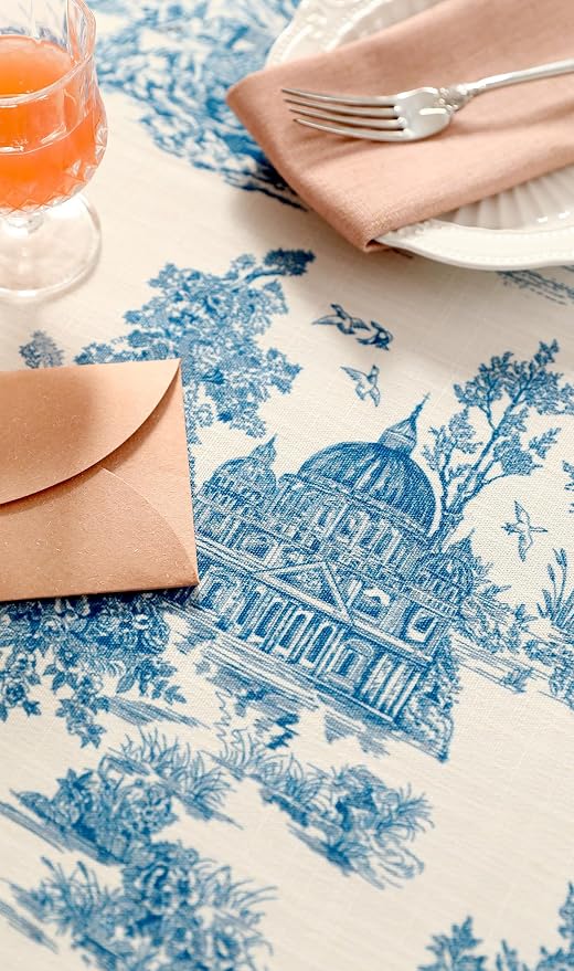 patdrea Elegant French Linen Tablecloth,Rectangular,87"x55"-Lucerne A | Vintage Elegant Table Cloth for Rectangle Table,Blue and White Chinoiserie Print,for Dining Room Tea Party Thanksgiving