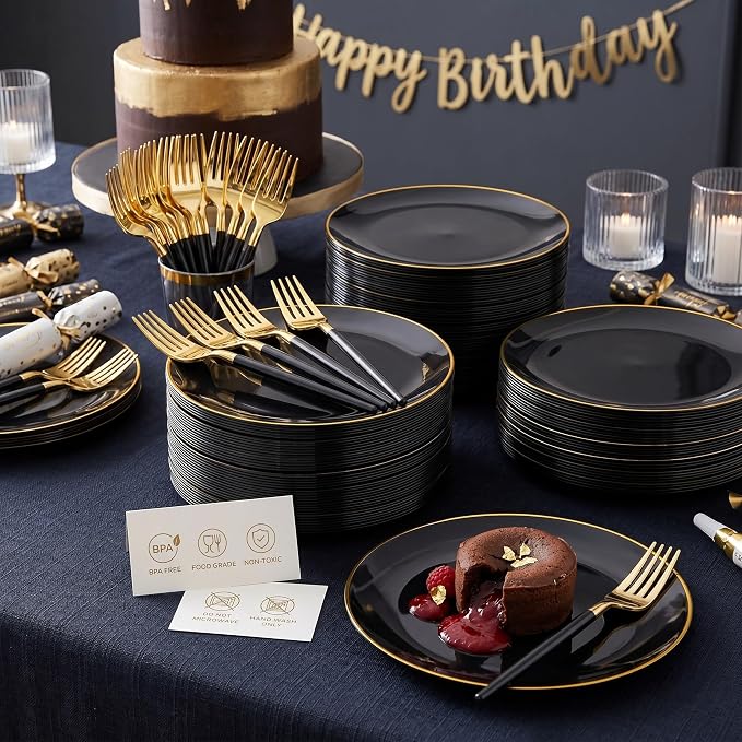 I00000 144Pcs Black and Gold Dessert Plate Set, Including 72Pcs Black and Gold Plastic Plates 7.5" and 72Pcs Disposable forks 8.5", Fancy Salad Plates with Gold Rim for Thanksgiving and Party