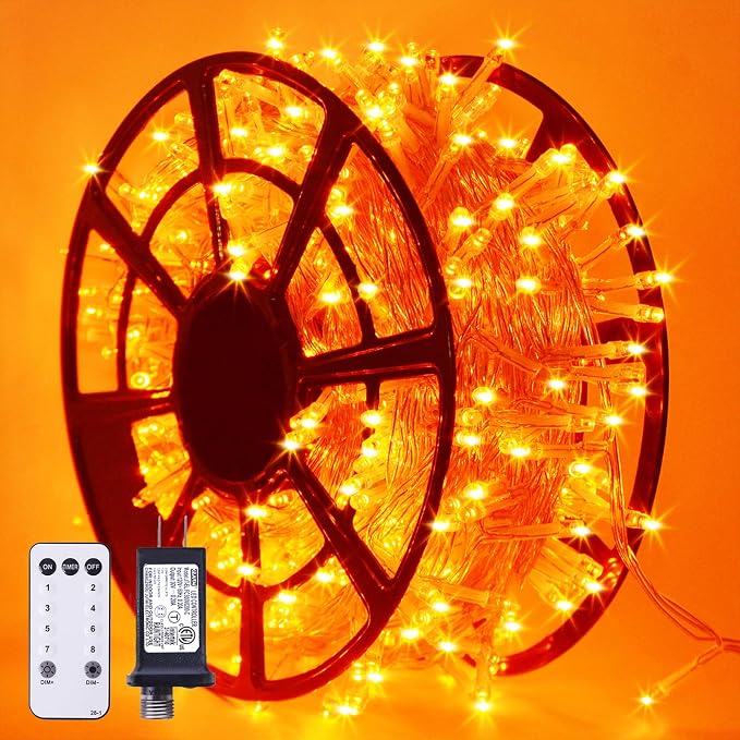 JMEXSUSS 1000 LED Orange Halloween String Lights Outdoor,Orange Lights for Thanksgiving Day, Clear Wire, Fall Lights Plug in for Tree Xmas Decorations