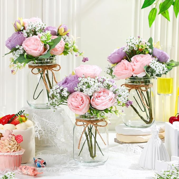 Zeyune 6 Sets Mason Jar Centerpiece Table Decorations, Artificial Peony Baby's Breath Flower Bouquets, Faux Flowers with Vase, Rustic Decor Gifts for Home, Wedding, Holiday (Purple,Pink)