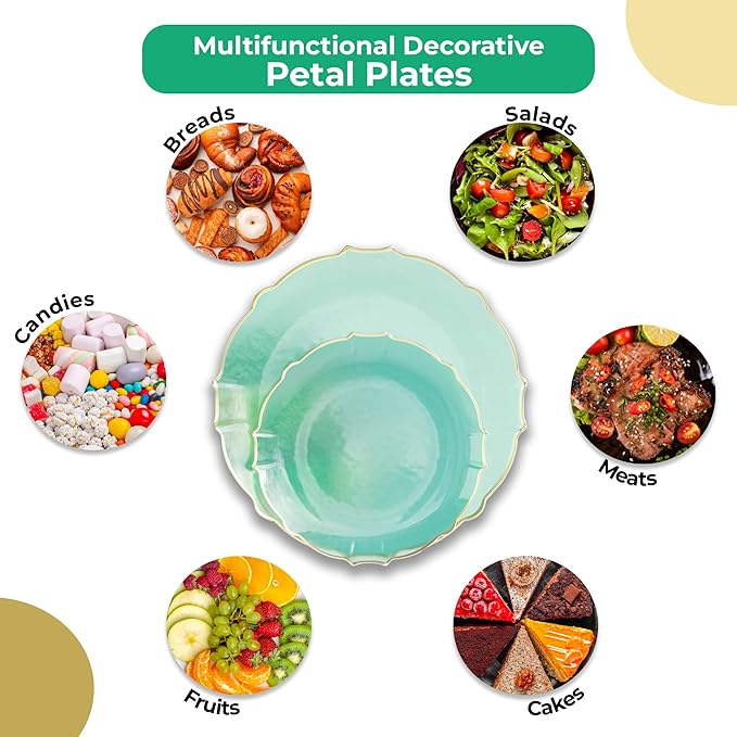 Exquisite Tinted Plates 80 Piece Plastic Disposable Plates for Party Set For 40 Guests 40 X 7.5 Dessert Plates & 40 X 10 Thin Delicate Fancy Plastic Plates Disposable Dinnerware Mint Gold Rim