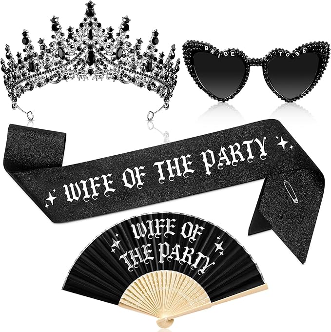 JaGely 4 Pcs Gothic Bachelorette Party Accessories Set, Bride Crystal Crown Sunglasses Sash and Fan for Bridal Shower(Wife of the Party)