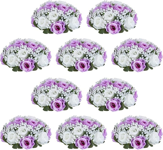NUPTIO Flower Ball Arrangement Bouquet: 10 Pcs 8.6 inch Diameter Lilac Rose Fake Babys Breath Artificial Flowers for Wedding Centerpiece Event Party Tables Decorations