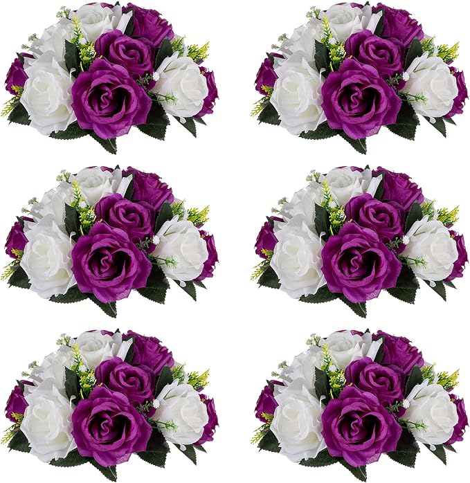 NUPTIO Flower Balls Centerpieces for Tables: 6 Pcs Purple White Fake Roses | 9.5 inch Diameter, Artificial Flower Arrangements for Wedding, Birthday Party, Bridal Shower, Quinceanera Decorations