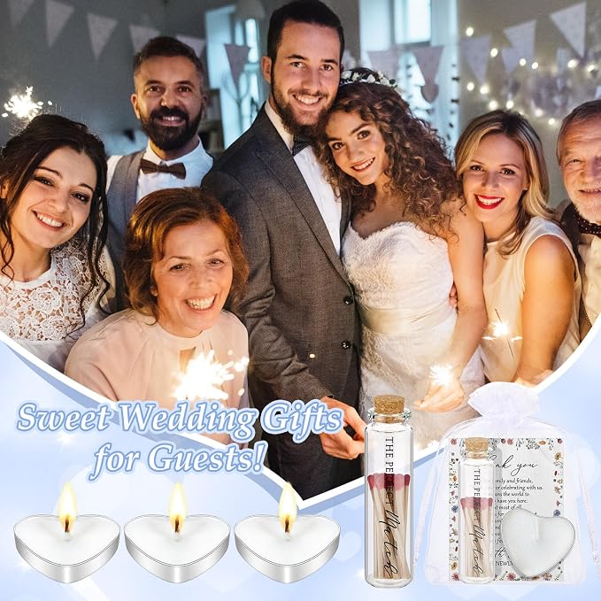 100 Sets Wedding Party Favors for Guests Bulk Including Heart Shaped Candles and Empty Matches Jars with Cork Top Thank You Cards and Organza Bags for Wedding Bridal Shower Party (Wildflower)