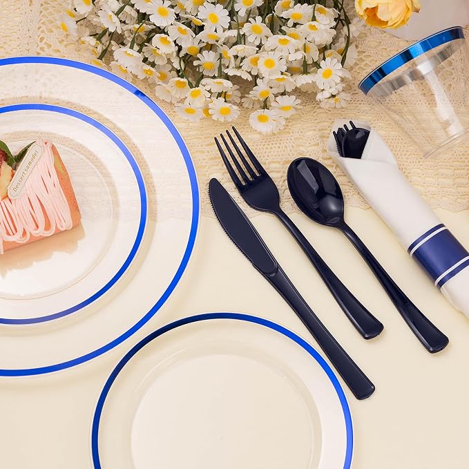 BESTSTAR 350PCS 4th of July Clear and Blue Disposable Plates Set for 50 Guests, 100 Plastic Plates, 50 Cups, 50 Pre-Rolled Napkins with Plastic Cutlery for 4th of July, Graduation Party, Birthday