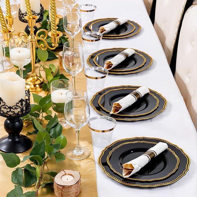 Hioasis 175pcs Black and gold Plastic Plates - Gold Plastic Dinnerware Set Includes 25 Dinner Plates, 25 Dessert Dinnerware, 25 Cups, 25 Napkins Perfect for Wedding & Party