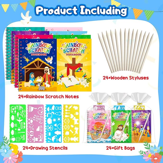 Rainbow Scratch Paper Party Favors: 24 Pack Christian Rainbow Scratch Notebook, Goodie Bags Stuffers Coloring Books Party Favors for Kids 3-12, Bulk Classroom Birthday Gifts for Student