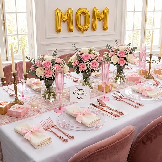 102PCS Rose Gold Plastic Plates - Clear Rose Gold Plate - Heavy Duty Disposable Plates - Fancy Disposable Dinner & Dessert Plate for 51 Guests for Party & Wedding & Mother's Day