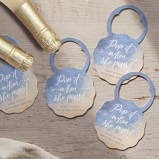 Summer-Ray 50pcs Pop it When She Pops Mini Champagne Baby Shower Tags Wine Bottle Tags in Watercolor Design (Blue Galaxy)