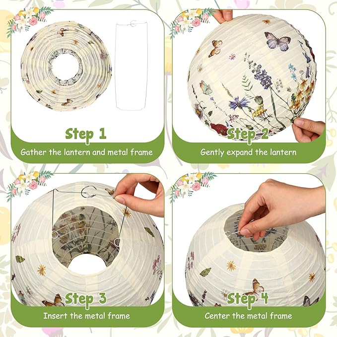 Baquler 12 Pcs Spring Wildflower Paper Lanterns Party Decorations Vintage Floral Hanging Lanterns 3 Styles for Baby in Bloom Baby Shower Wedding Garden Tea Summer Home Indoor Outdoor Party Decor