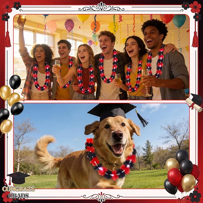 Sherr 48 Pcs Graduation LED Hawaiian Leis Class of 2026 Light Up Flower Leis Necklace with LED Lights Black Red Luau Flowers Necklaces for Graduation Party Decoration Supplies