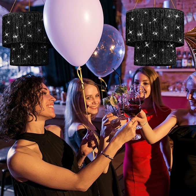 Novabright 2 Pcs 2 Tier Fringe Tinsel Chandelier Foil Iridescent Tassels Trim Shiny Hanging Disco Ball Ceiling Decor for Wedding Anniversaries Birthday 1920s Themed Party(Black)