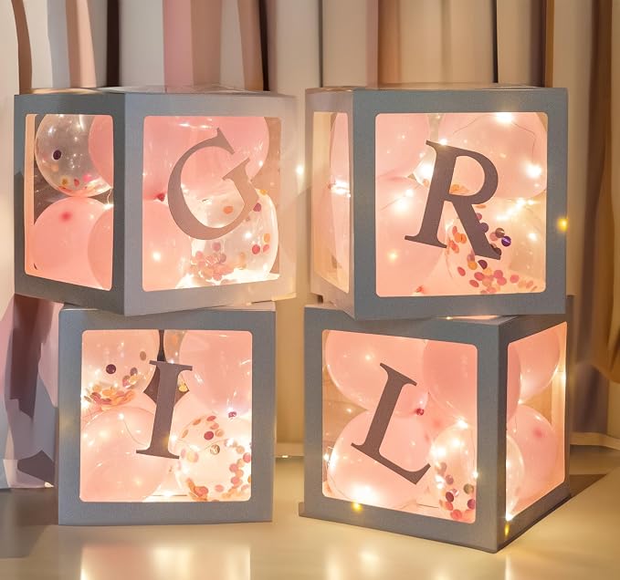 Uptotop Baby Shower Decorations Clear Balloon Blocks with Fairy String Lights, 4 Pack Transparent Balloon Boxes Including 30 Letters, 4 Warm White Fairy Lights & 36 Latex Balloons, Pink