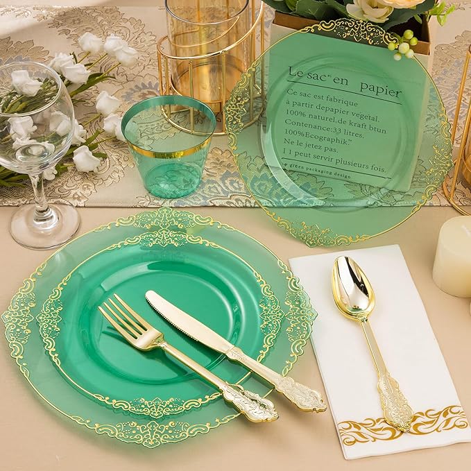 Bestluck 350PCS Clear Green Plastic Plates for 50 Guests, Disposable Plates with Gold Trim include 100 Dinner Plates, 150 Gold Silverware, 50 Cups, 50 Napkins for Party, Wedding and Graduation