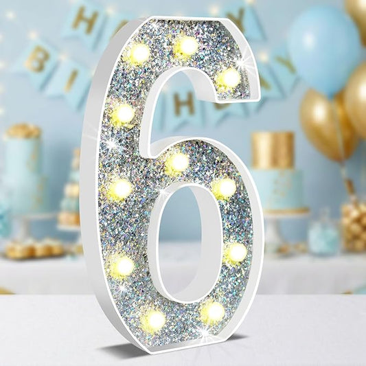 12.6 Inch LED Silver Marquee Light Up Numbers, 6th Birthday Decorations Number Lights as Gifts for Girls Boys, Glitter Lighted Marquee Numbers for Silver Anniversary Party Table Decor, 6