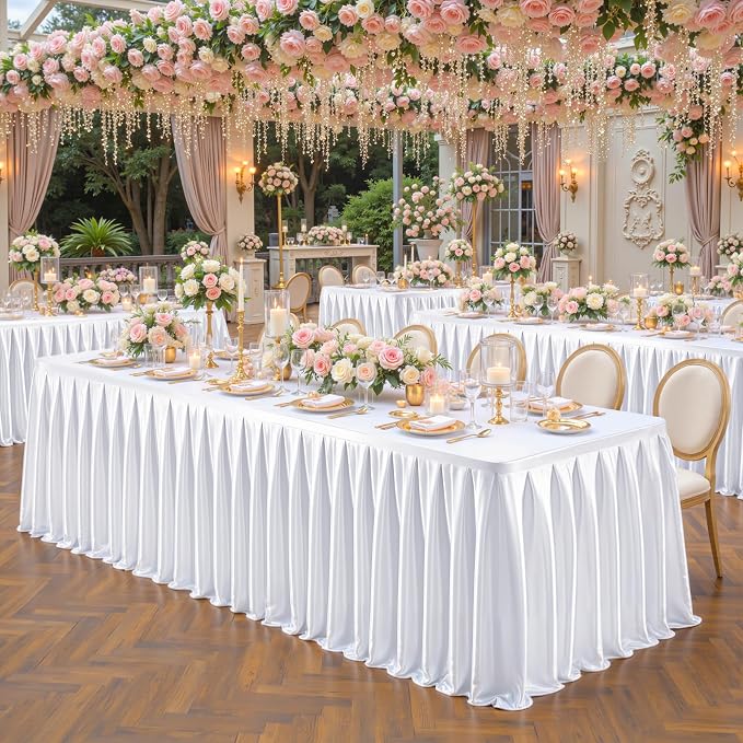 6 Packs White Satin Tablecloths Rectangle 6FT, Glitter Fitted Stretch Table Covers Wrinkle-Free Floor Length Shimmer Table Skirt for Weddings Parties Baby Shower Banquets Vendor Events