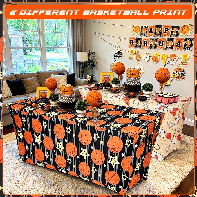 Frienda 2 Pcs Basketball Tablecloth Birthday Party Decorations Spandex Stretch 71 x 30'' Basketball Table Cloth Rectangle Table Cover for Sports Theme Birthday Party Supplies(Sports)
