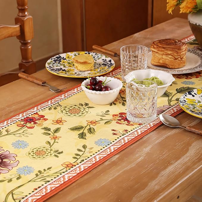 bilin gaier Linen Floral Yellow and Orange Table Runner 71 Inches Long,Wrinkle-Resistant Rustic Farmhouse Decor,Decor Luxury Vintage Runner Table Cloth for Coffee & Dining Table,12"x71"-Bellano