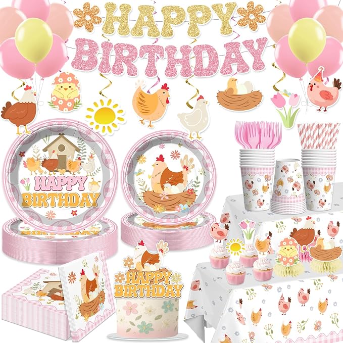 Xynic 213pcs Chicken Birthday Decorations, Convenient Disposable Tableware Set Includes Waterproof Tablecloths 350gsm Plates Centerpieces and Banner, Chicken Party Decorations Serve 25