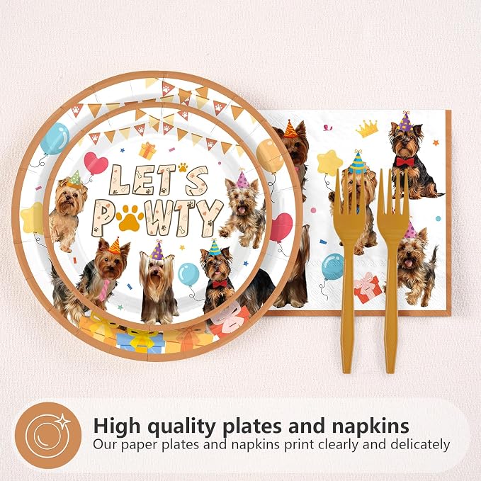 96 Pcs Yorkshire Terrier Birthday Party Decorations Yorkie Dog Theme Plates and Napkins Golden Let's Party Tableware Set for Animal Puppy Dog Birthday Party Supplies, Serves 24