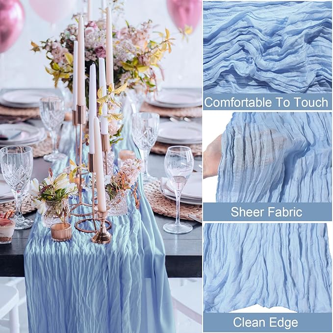 Buryeah 12 Pcs Cheesecloth Table Runner Boho Gauze Table Runner Bulk Rustic Cheese Long Romantic Runners for Wedding Bridal Shower Birthday Decor(Light Blue,28 x 120 Inch)