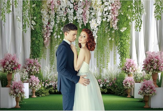 Baocicco Flowers Wedding Backdrops 5x3ft Green White Pink Floral Engagement Background Bridal Shower Backdrop Proposal Wedding Party Decoration Backdrop Valentines Day Banner Supplies
