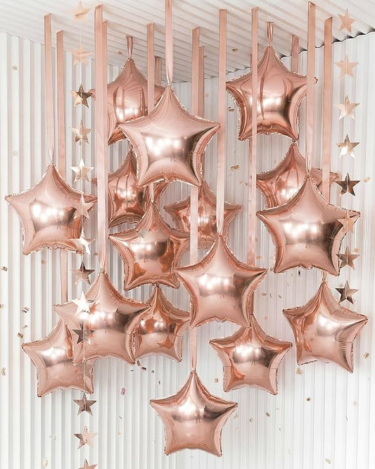 Duraaamo 30 Set Star Foil Balloons Bulk 22 Inch Metallic Star Balloons with Stars Banner and Satin Ribbon for Ceiling Birthday Graduation Ornaments Party Decor(Rose Gold)