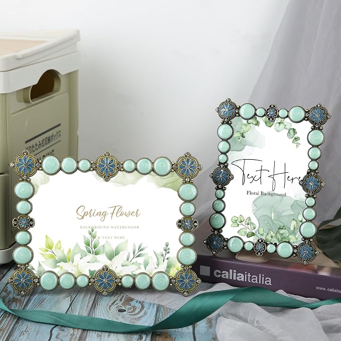 4x6 Vintage Picture Frame Ornate Metal Green Enamel Photo Frames with Glass Front, Tabletop Art Decoration, Creative Gifts Ideas for Women, Horizontally & Vertically