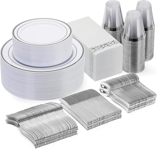 Goodluck 350 Pieces Silver Dinnerware Set for 50 Guests, disposable Plastic Plates for Party, Include: 50 Dinner Plates, 50 Dessert Plates, 50 Paper Napkins, 50 Cups, 50 Silverware set
