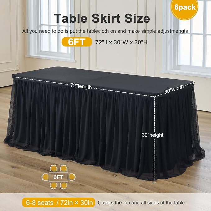 familus Black Table Cloths 6 Foot Rectangle 6 Pack Stretch Ruffle Tulle Tablecloth Spandex Fitted Table Cover for 6 Foot Tulle Table Skirts for Party Wedding Table Cloths, Banquets