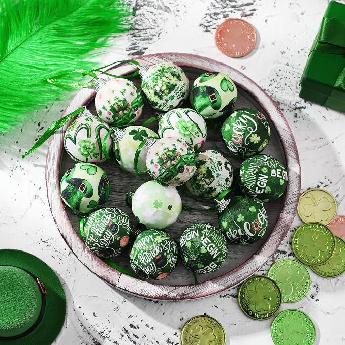 Outus 16 Pcs St. Patrick's Day Tree Ornaments Ball Vintage St. Patrick's Day Decorations for Tree Vintage Style Shamrock Luck Irish Hanging Ornaments Farmhouse Home Decoration Holiday Party Favors