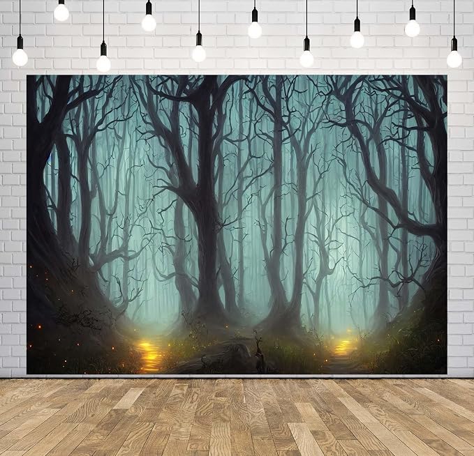 Dark Mystical Forest Backdrop Fabric 15x10ft Creepy Night Foggy Woods Path Gloomy Scene Background for Scary Themed Party Decor Halloween Witch Party Decorations Adults Photoshoot Props