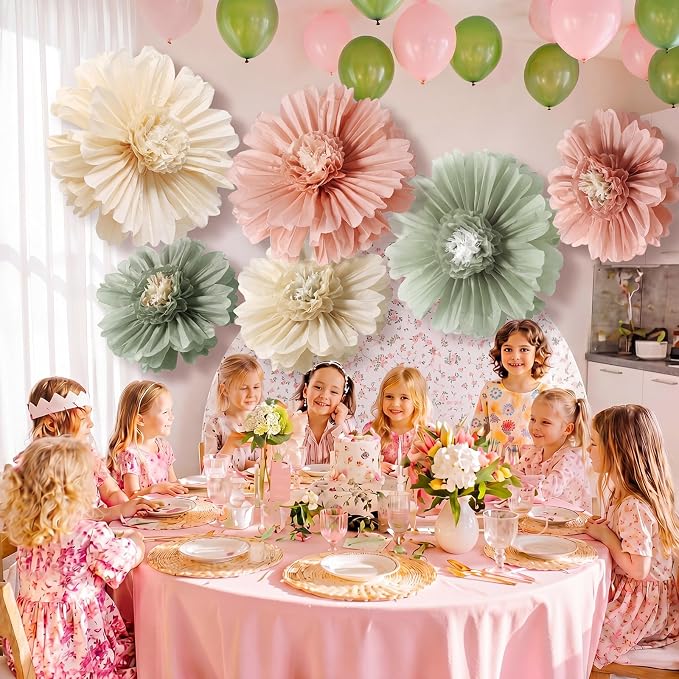 Giegxin 6 Pcs 31.5", 24" Pink and Sage Green Giant Paper Flowers Big Boho Sage Green Crepe Paper Flowers for Wall Decorations Wedding Baby Shower Birthday Bridal Shower Backdrop Classroom Party Decor