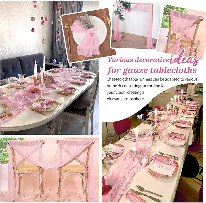 6 Pack Cheesecloth Table Runner Light Pink 10Ft Rustic Boho Gauze Table Runner Romantic Long Sheer Fabric Cheesecloth Table Runner for Wedding Festival Birthday Anniversary Dinner Outdoor Events