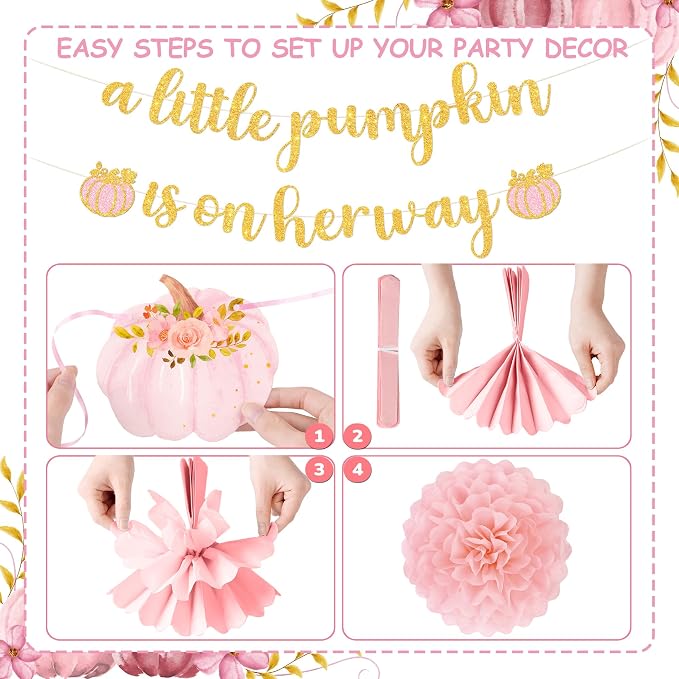 Kriyokiaa Little Pumpkin Baby Shower Decorations for Girl 15 Pcs Pink Fall Baby Shower Decorations with A Little Pumpkin is On Her Way Banner, Tissue Pom-Poms, Paper Lantern for It's a Girl Party