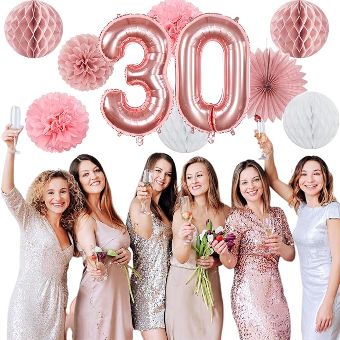 Rose-Gold Pink White Women 30th Happy Birthday Party Decorations Hugmoon | 21pcs Kit 30th Balloon,Cute Girl Banner,Streamers,Tissue Paper Pom Poms Flowers Fans,Birthday Garlands Decor Backdrop