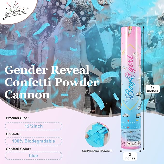 Gender Reveal Confetti Cannon,4 Blue Safty Corn Powder Smoke Party Poppers Shoots 20-25ft,12 inch Upgrade Firmware Gender Reveal Party Supplies Baby Shower
