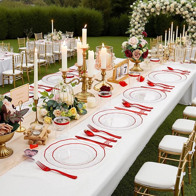 LIYH 350 Pcs Red Plastic Dinnerware Set for 50 Guests, Clear Disposable Plastic Plates with Red Rim Include: Dinner & Dessert Plates, Napkins, Cups, Silverware for Party Birthday