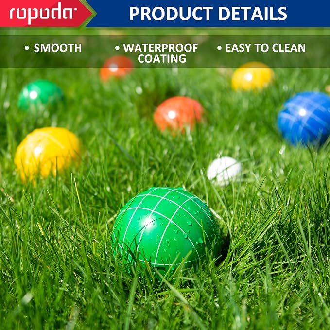 ropoda 100mm Bocce Ball Set Regulation Size and Weight with 8 Resin Bocce Balls, 50 mm Pallino, Carrying Bag, Measuring Rope, Backyard/Lawn/Beach/Outdoor, Bocci Games (Multi Colors, 2-8 Players)