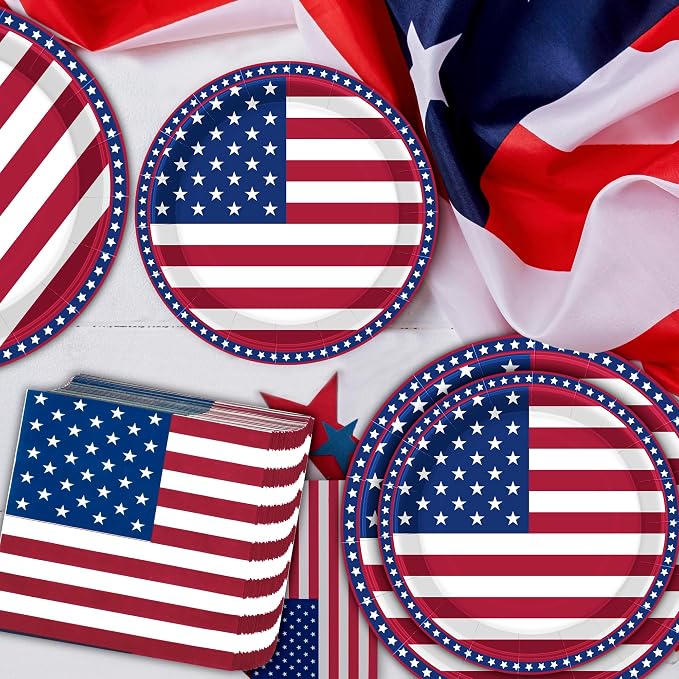 QZYL 150 Pcs 4th of July Party Supplies, Serve 50 Patriotic American Flag Party Tableware Set Paper Plates and Napkins, Fourth of July Decorations for Independence Day Patriotic BBQs Picnic Events