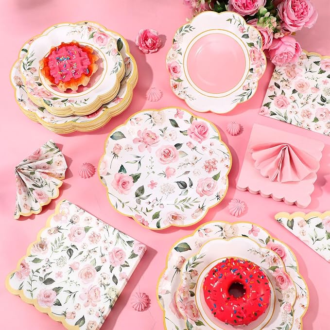 Funnymoom 200 Pcs Wild Floral Party Supplies Pink Flower Disposable Paper Dinner Dessert Plates Luncheon Napkins Beverage Napkins for Wedding Birthday Baby Shower Bridal Tea Party Serves 50 Guests