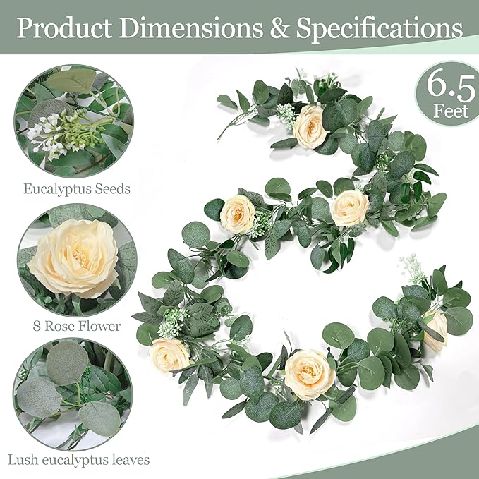 2 Pack 13FT Spring Artificial Eucalyptus Flower Garland with Champagne Roses, Fake Flower Greenery Floral Vines Green Garland for Wedding Arch Table Runner Backdrop Mantle Home Decorations (Champagne)