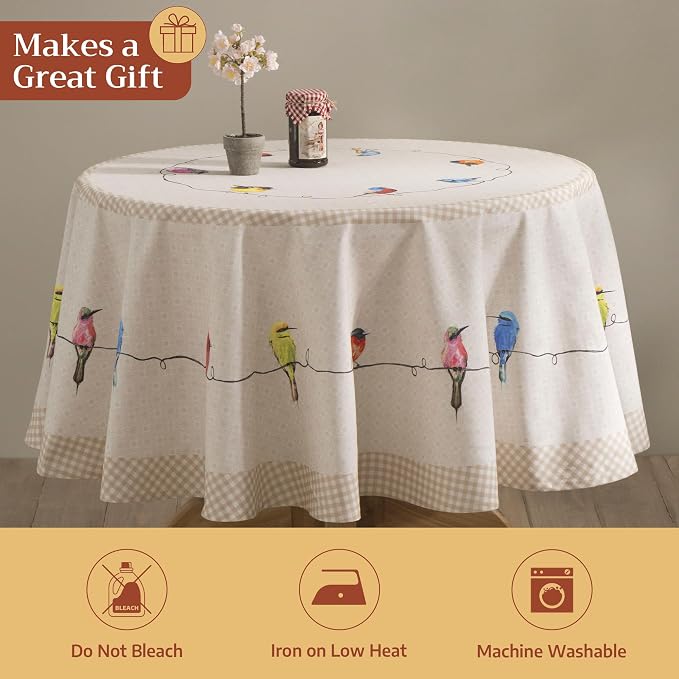 Maison d' Hermine Table Cloth Round Table 100% Cotton 63 Round Inches Tablecloth Reusable Decorative for Dining Kitchen Room Farmhouse Party Home Hotel Restaurant Spring Summer - Birdies on Wire