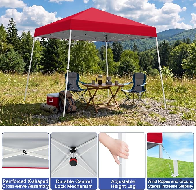 10x10 Pop Up Canopy Tent with Carry Bag, Slant Leg Instant Shade Shelter for Outdoor Events, Camping, Sports, Parties, Red