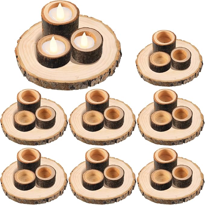 Mumufy 32 Pack Wooden Tealight Candle Holder with Wood Slices for Centerpieces Natural Rustic Candlestick Party Supplies for Table Dining Birthday Home Decor(Only Applicable to LED Candles)