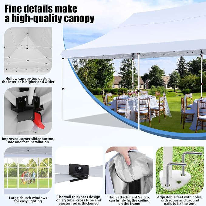 COBIZI 10x20 Pop Up Canopy with 6 Sidewalls - Waterproof Commercial Tent, UV 50+ Protection, Easy Setup Outdoor Gazebo for Parties, Events & Garden with Sandbags, Swan White