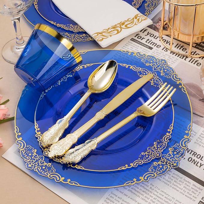 Bestluck 175PCS Clear Blue Plastic Plates for 25 Guests, Disposable Plates with Gold Trim include 25 Dinner and Dessert Plates, 75 Gold Silverware, 25 Cups, 25 Napkins for Party, Wedding & Graduation
